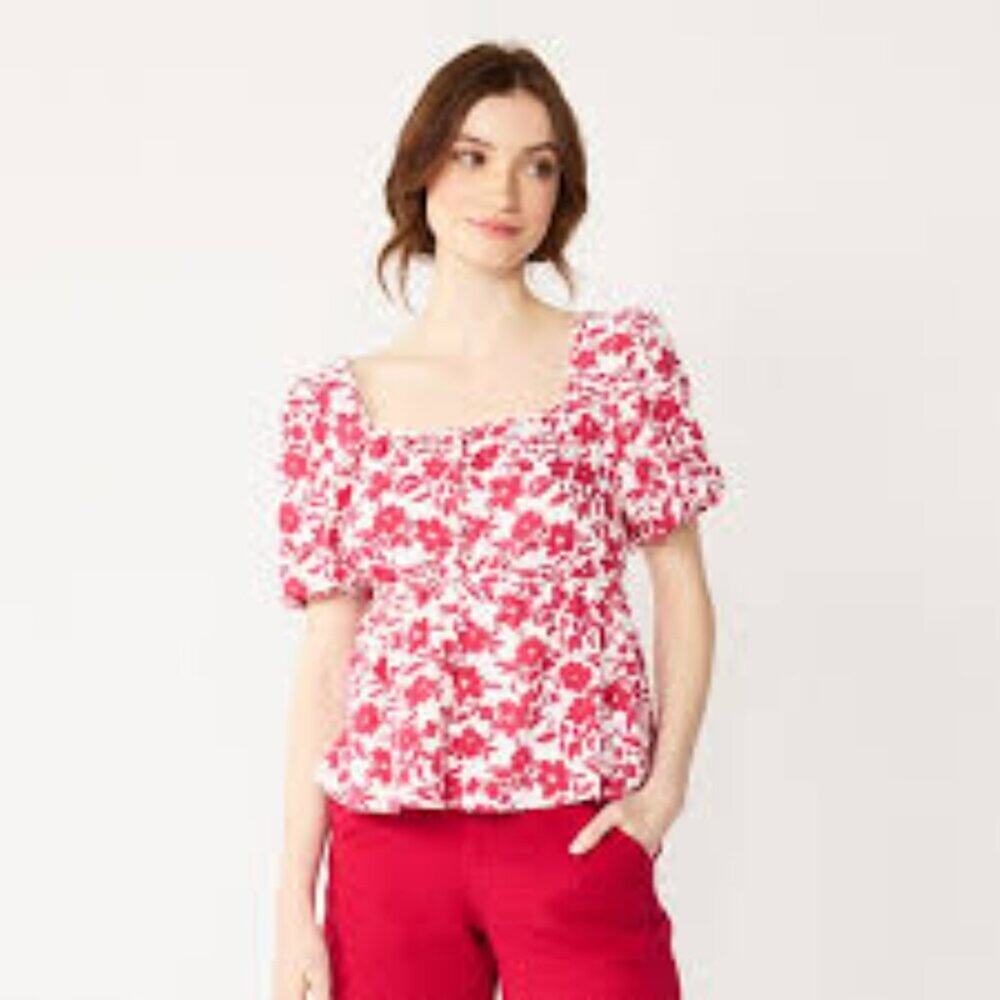 Draper James Linen Blend Puff Sleeve Floral Women's XL Cottagecore Babydoll Top
